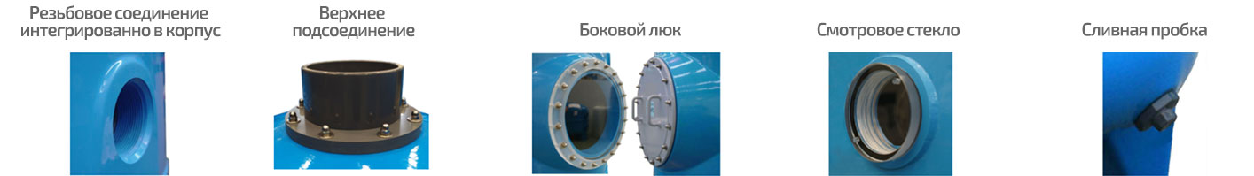 Резьбовое подсоединение в корпусе, смотровое стекло, верхнее соединение, боковой люк, сливная пробка